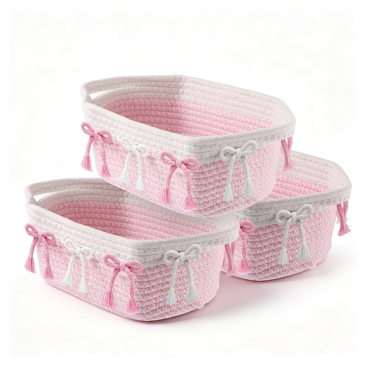 Simihiran Pink Bow Woven Rope Storage Basket for Home Organization