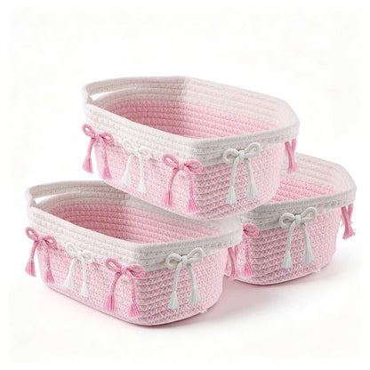 Simihiran Pink Bow Woven Rope Storage Basket for Home Organization