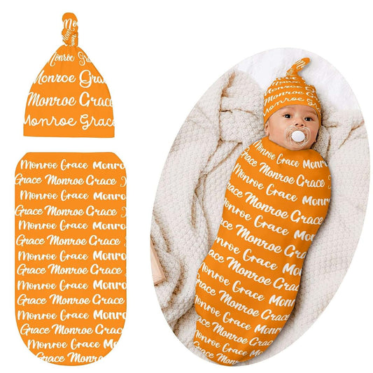 LiSoAkWE Orange Personalized Baby Swaddle - Boys Girls Blankets with Name,Custom Newborn Swaddle Hat Wrap