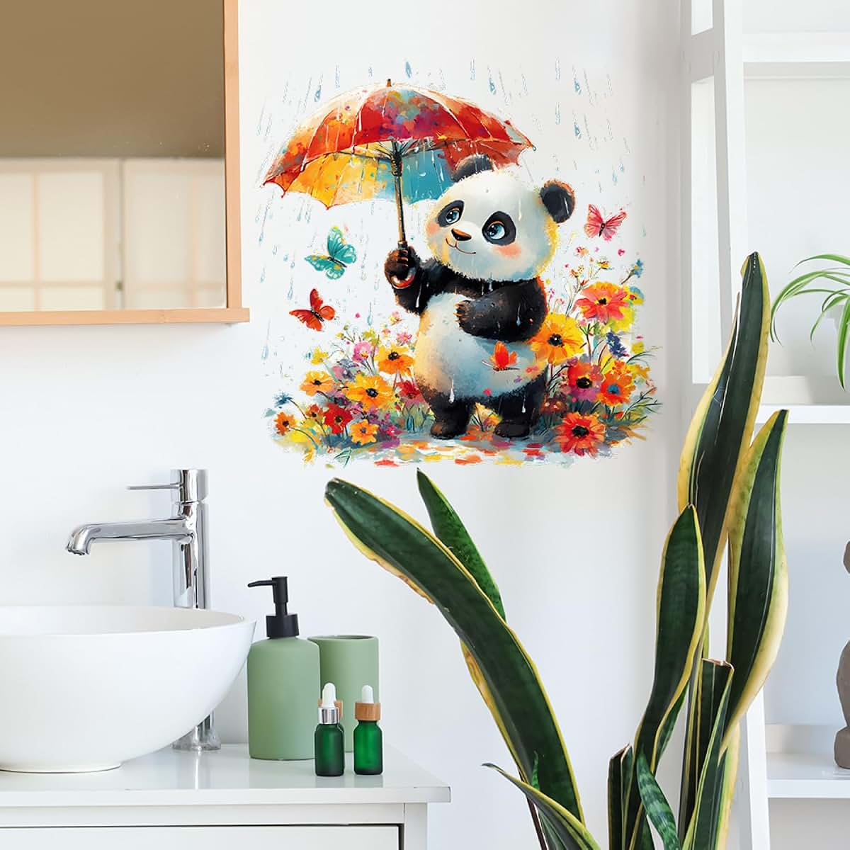 Achang Watercolor Panda Wall Decals With Umbrella And Flowers (photo 3)