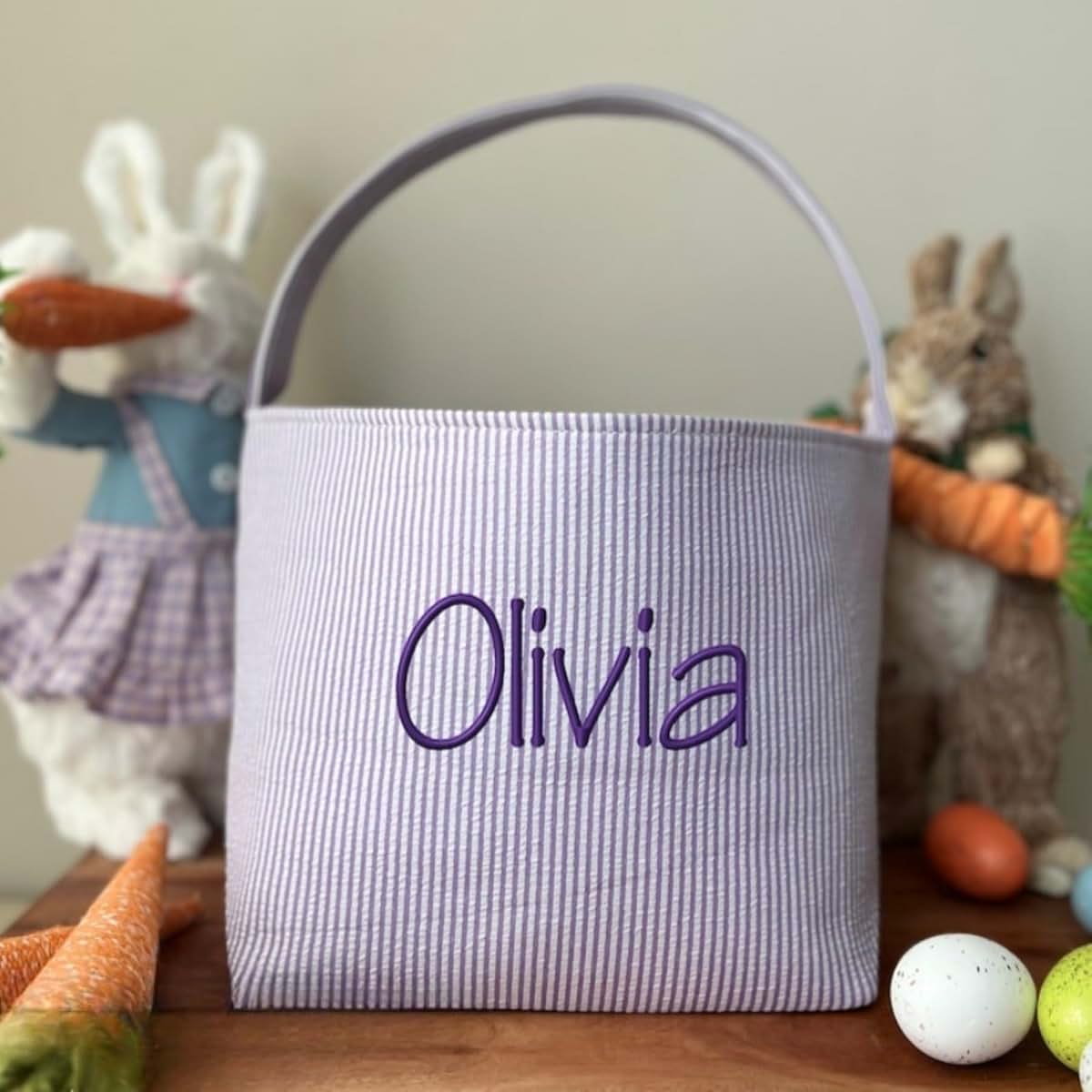 Qijundian Personalized Easter Basket Embroidered Easter Basket Embroidered Name Kids Basket Kid's Easter Basket