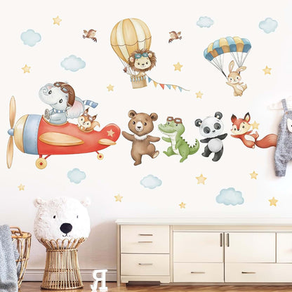 wondever Airplane Animals Wall Decals Hot Air Balloon Bear Wall Stickers
