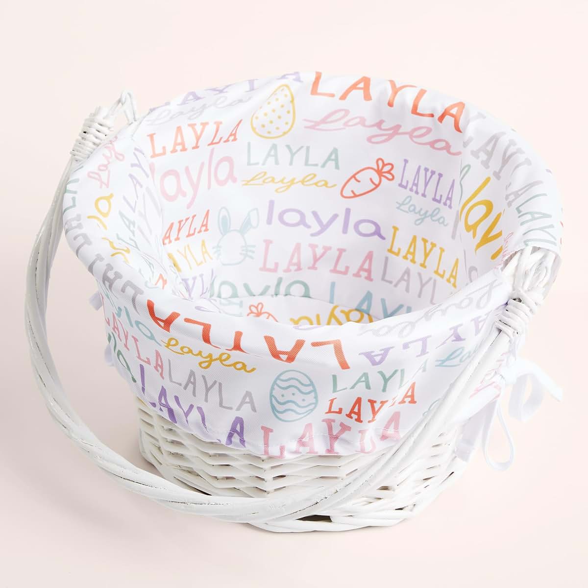 Personalization Universe Easter Repeating Name Personalized White Gift Basket with Drop-Down Handle – Custom White & (photo 4)