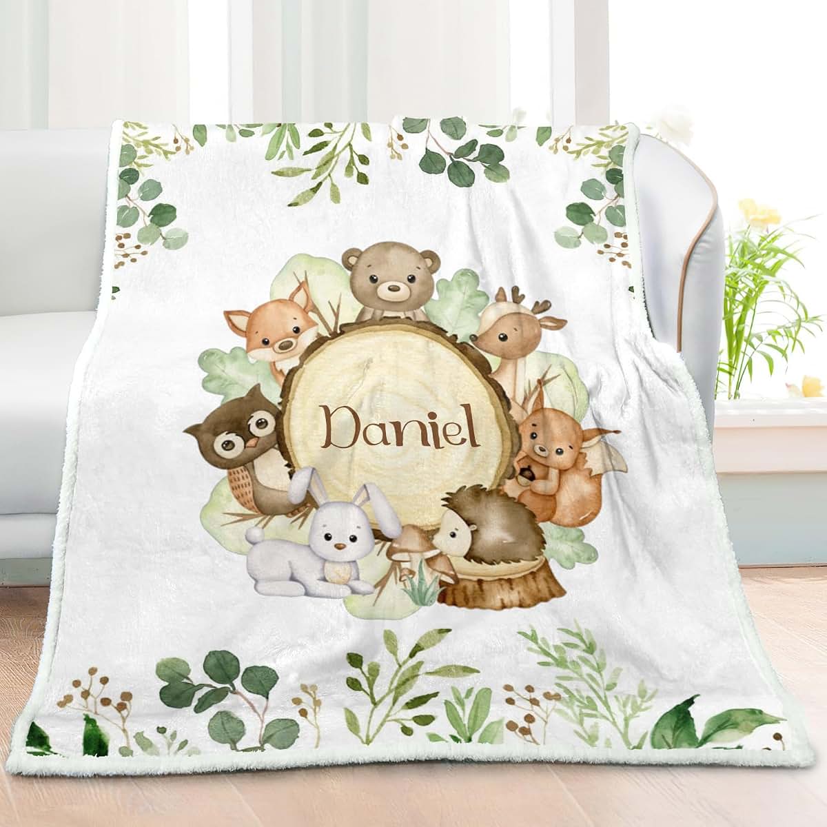 NZOOHY Woodland Animals Personalized Sherpa Baby Blankets for Boys Girls,Soft Newborn Naps Custom Name Blanket for