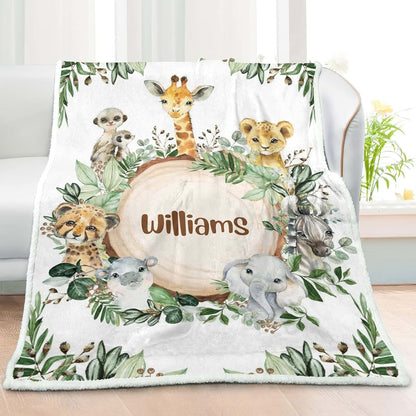 NZOOHY Wild Jungle Animals Personalized Sherpa Baby Blankets for Boys Girls,Soft Newborn Naps Custom Name Blanket for