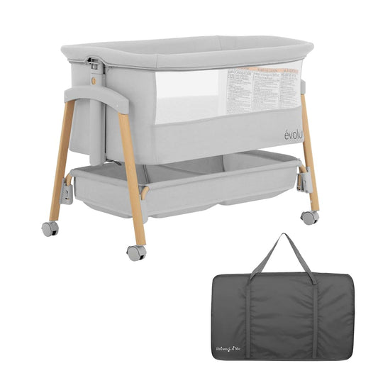 Evolur Lullaby Portable Bassinet with Wheels, Adjustable Bedside Sleeper, Breathable Mesh Sides, Large Storage Basket