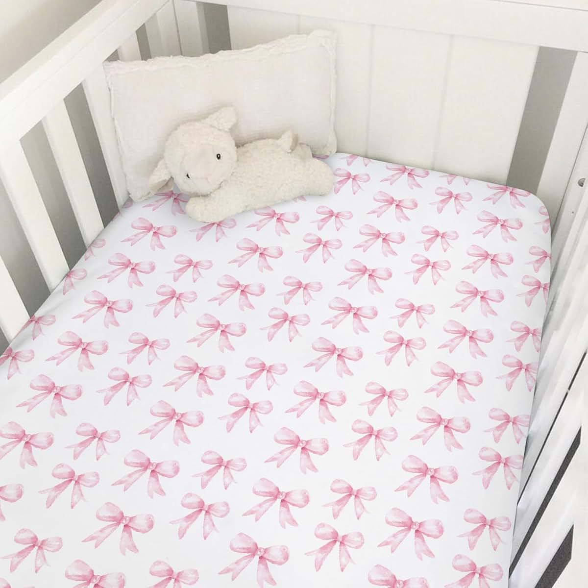 BabyOneStop Watercolor Pink Bows Fitted Crib Sheet For Standard Mattresses
