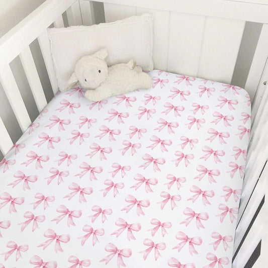 BabyOneStop Watercolor Pink Bows Fitted Crib Sheet For Standard Mattresses