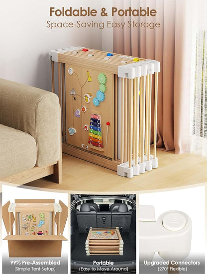 BabyOneStop Large Wooden Playpen With Locking Gate And Sensory Activity Panels