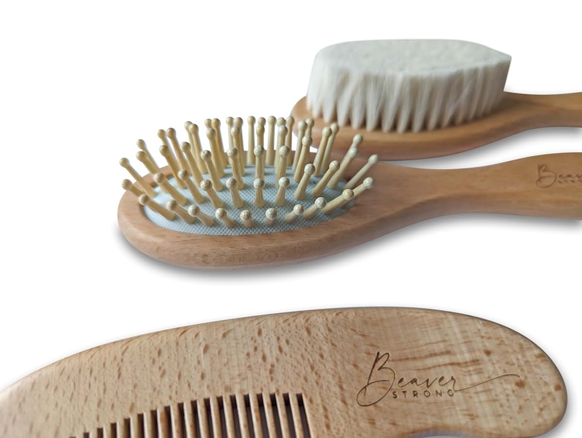 Gentle Care Wooden Baby Hair Brush and Comb Set by BeaverStrong - 2 Brushes and 1 Comb for Newborns - Soft Bristles (photo 3)