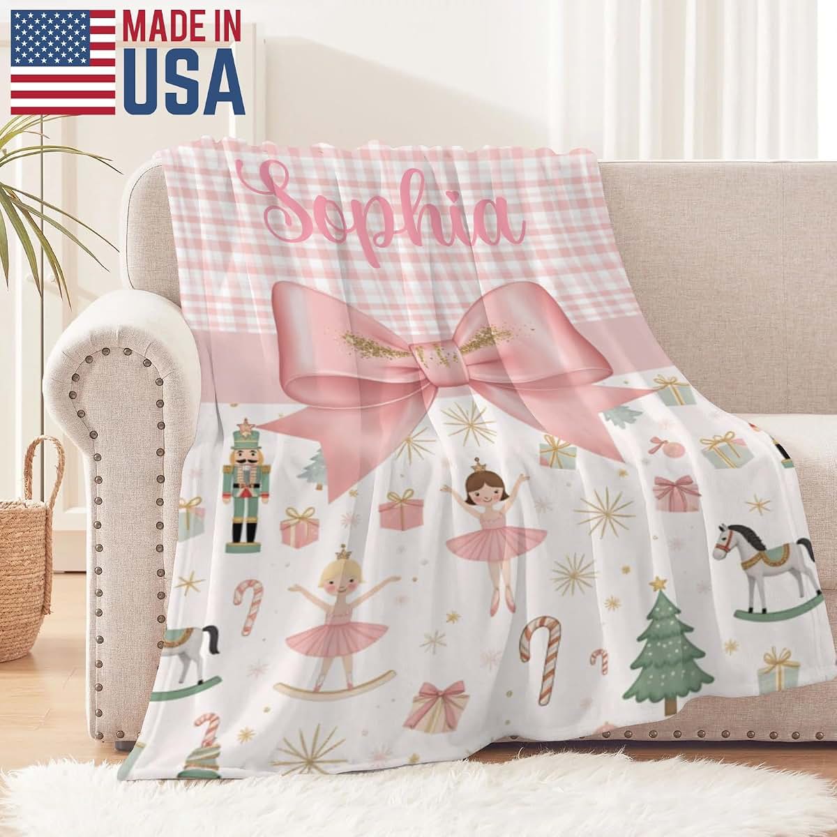 TailorYYCustomZ Personalized Pink Bow Plaid Girls Nutcracker Throw Blanket Customized with Baby Name Swaddling Blankets (photo 3)