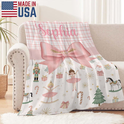 TailorYYCustomZ Personalized Pink Bow Plaid Girls Nutcracker Throw Blanket Customized with Baby Name Swaddling Blankets (photo 3)