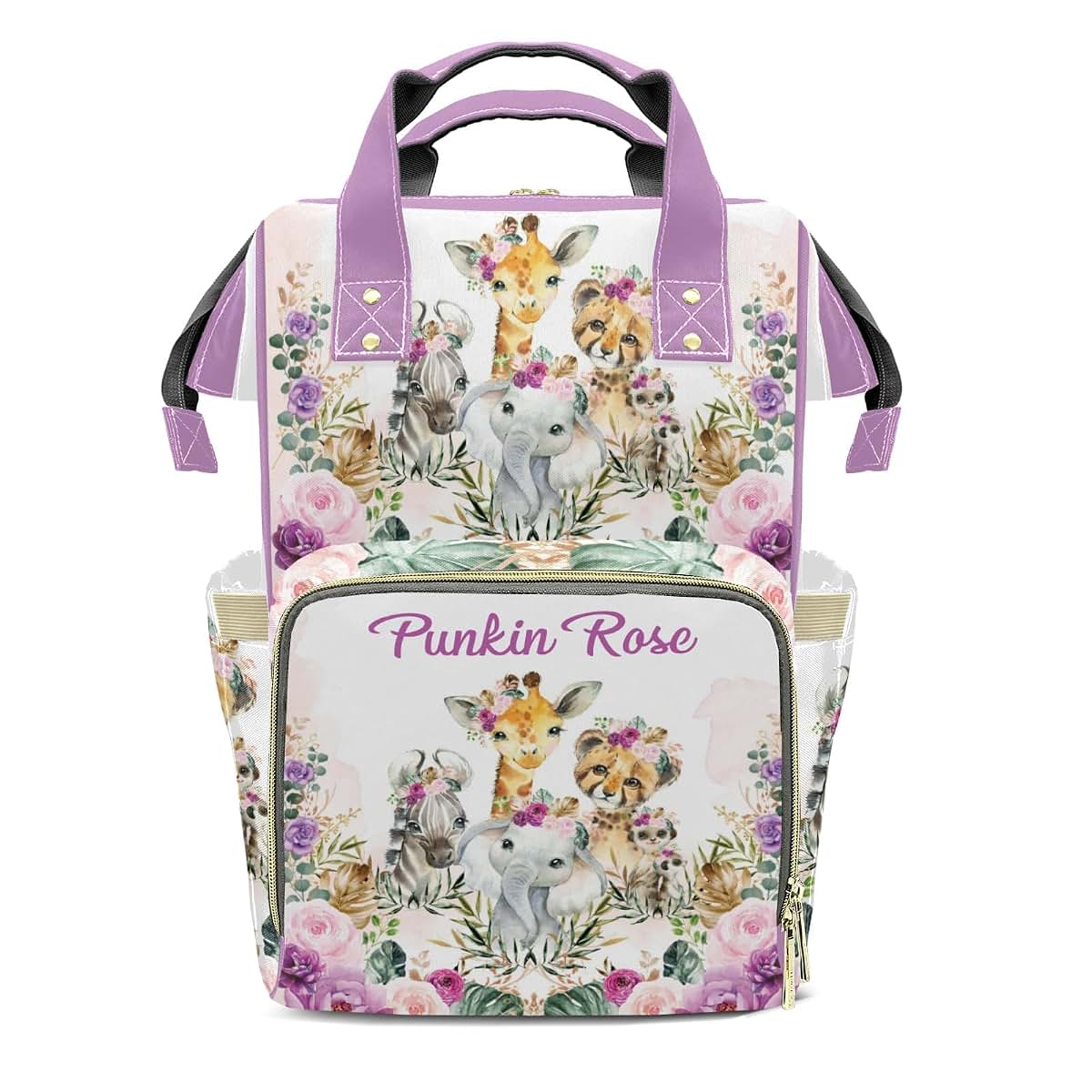 LiSoAkWE Flower Safari Animals Tiger Elephant Personalized Diaper Bag Backpack with Name,Customized Nappy Backpack for