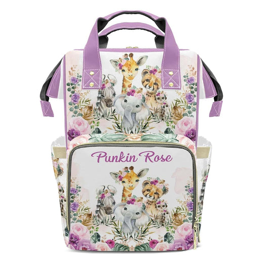 LiSoAkWE Flower Safari Animals Tiger Elephant Personalized Diaper Bag Backpack with Name,Customized Nappy Backpack for