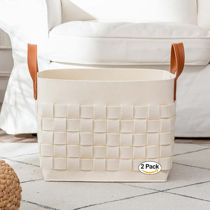 boldmonkey Blankets Basket 15 " x13 x11 2 Pack, Large Rectangular Laundry Hamper with Leather Handle, Soft Dog Toy