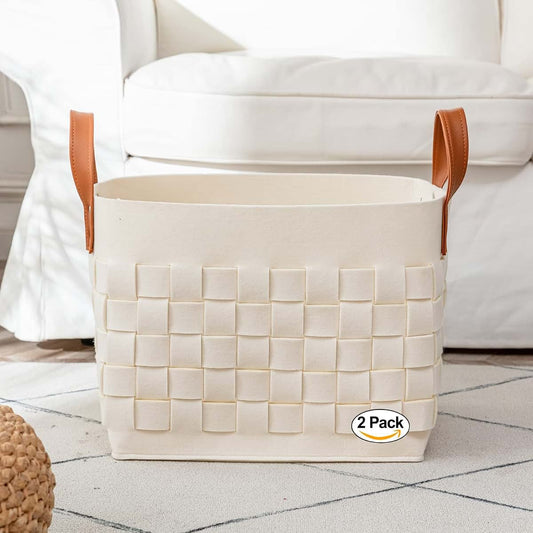 boldmonkey Blankets Basket 15 " x13 x11 2 Pack, Large Rectangular Laundry Hamper with Leather Handle, Soft Dog Toy