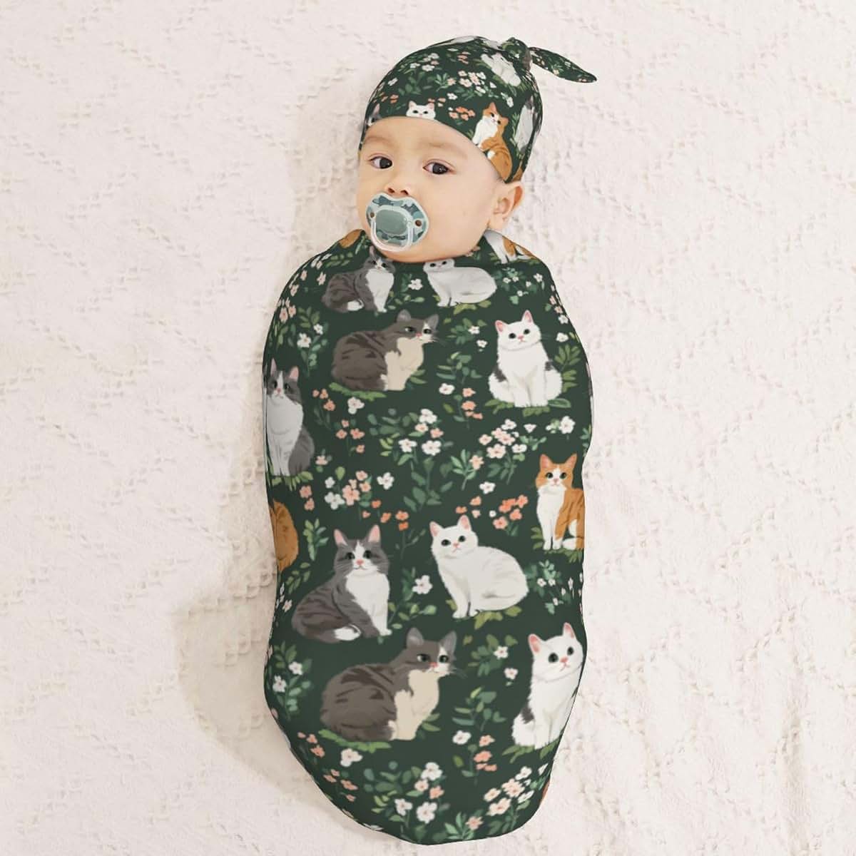 Muishi Cats Flowers Newborn Swaddle Blanket and Hat Set