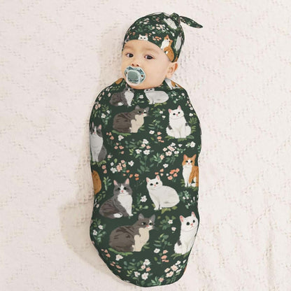 Muishi Cats Flowers Newborn Swaddle Blanket and Hat Set