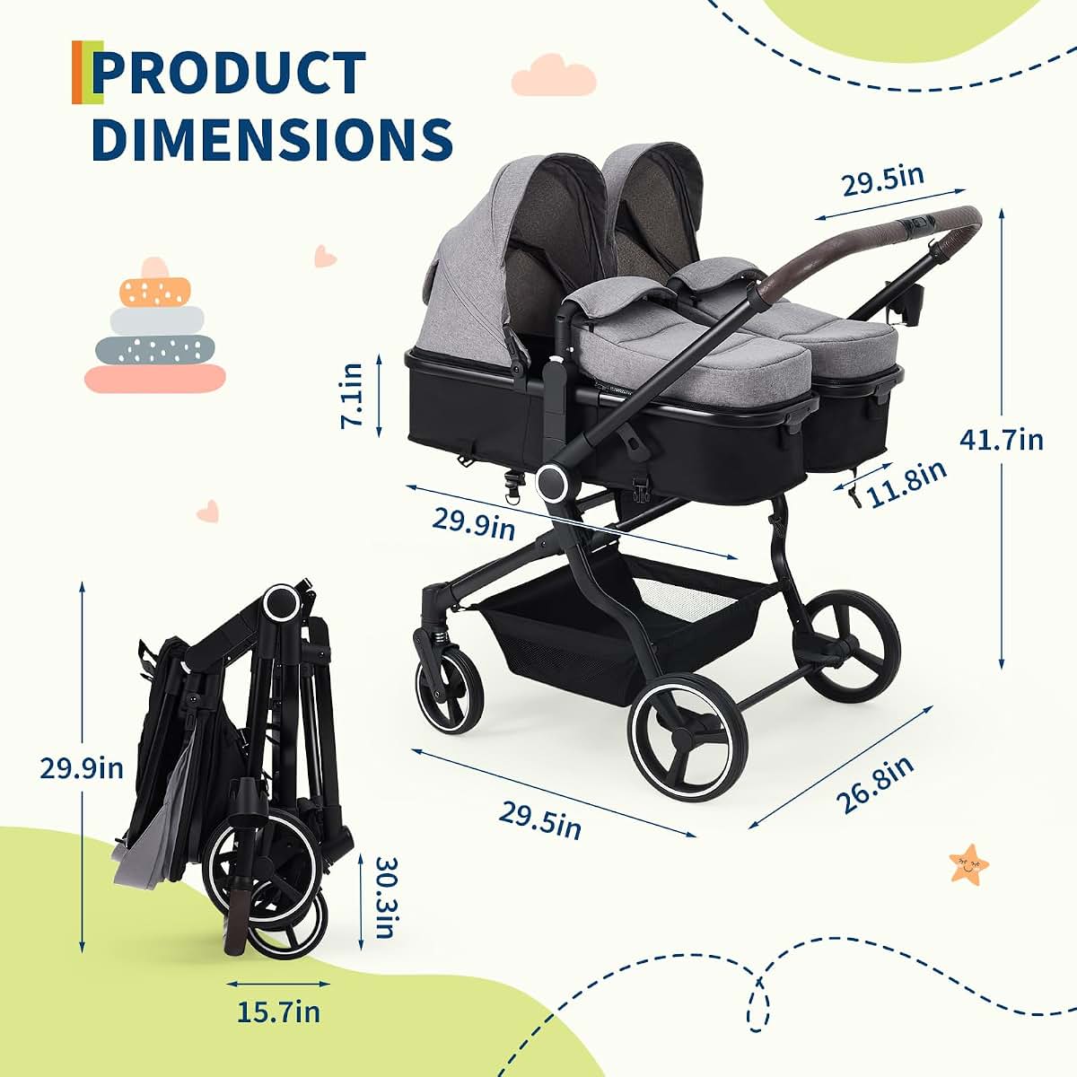 HarmoHaby Side By Side Double Stroller Newborn and Toddler, Lightweight Compact Twin Stroller with Reversible Seat (photo 2)