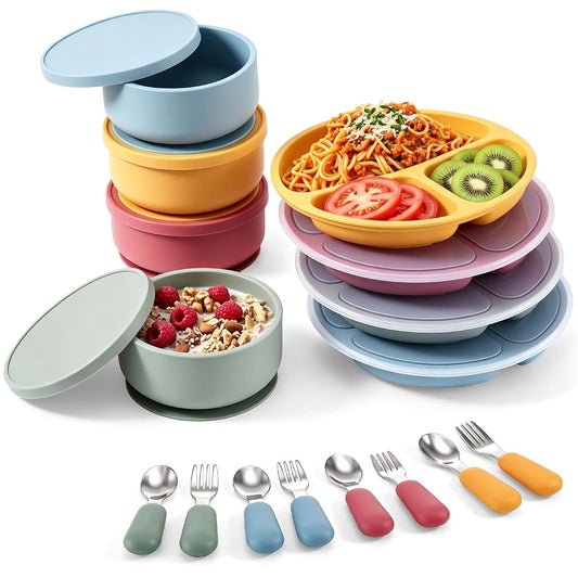 OBreezify 16 Pcs Silicone Toddler Plates and Bowls with Lids Forks Spoons