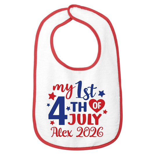 Smiling Jindo Personalized My 1st 4th of July Baby Bib – Custom Name, Red White Blue Patriotic Bib, Soft Cotton Terry