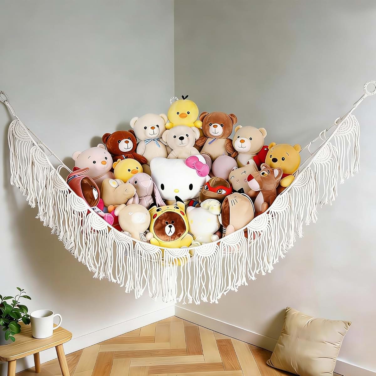 Stuffed Animal Hammock Organizer | Natural Cotton Boho Wall Storage for Nursery Playroom
