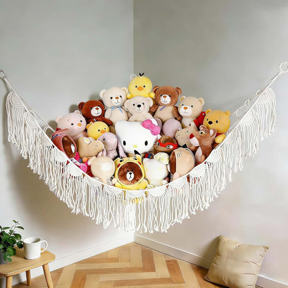 Stuffed Animal Hammock Organizer | Natural Cotton Boho Wall Storage for Nursery Playroom