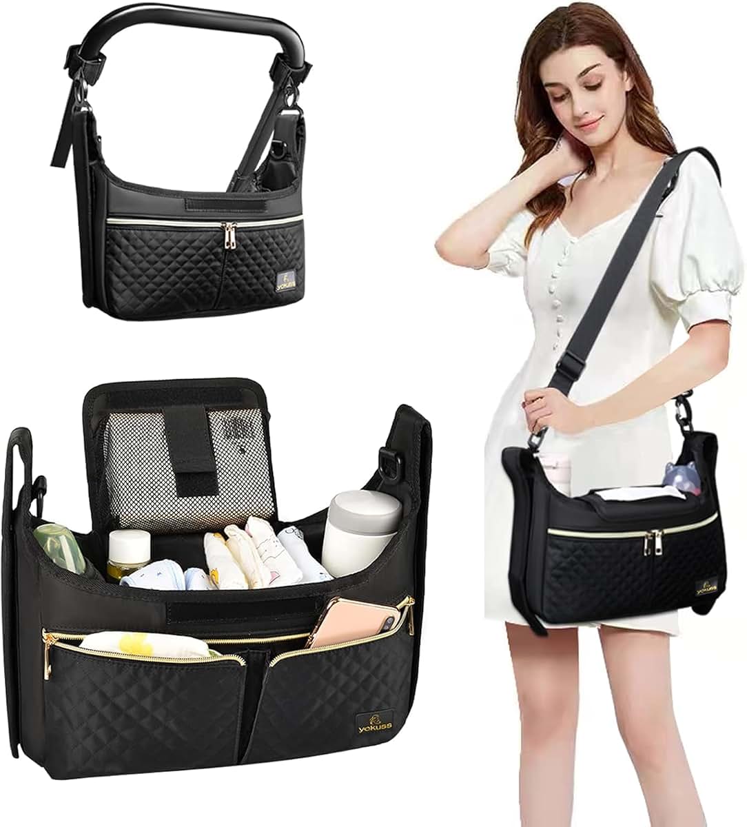 Yokusa Universal Stroller Organizer Bag with Insulated Bottle Pockets, Black