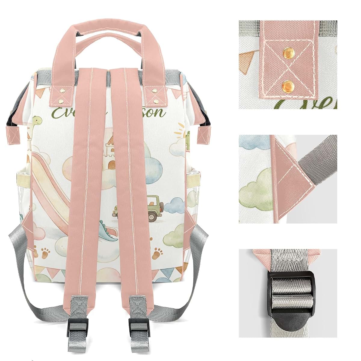 YallLocoMo Personalized Diaper Bag Backpack Gift Watercolor Fairy Tale Castle Dinosaur Convenient and Durable: (photo 4)