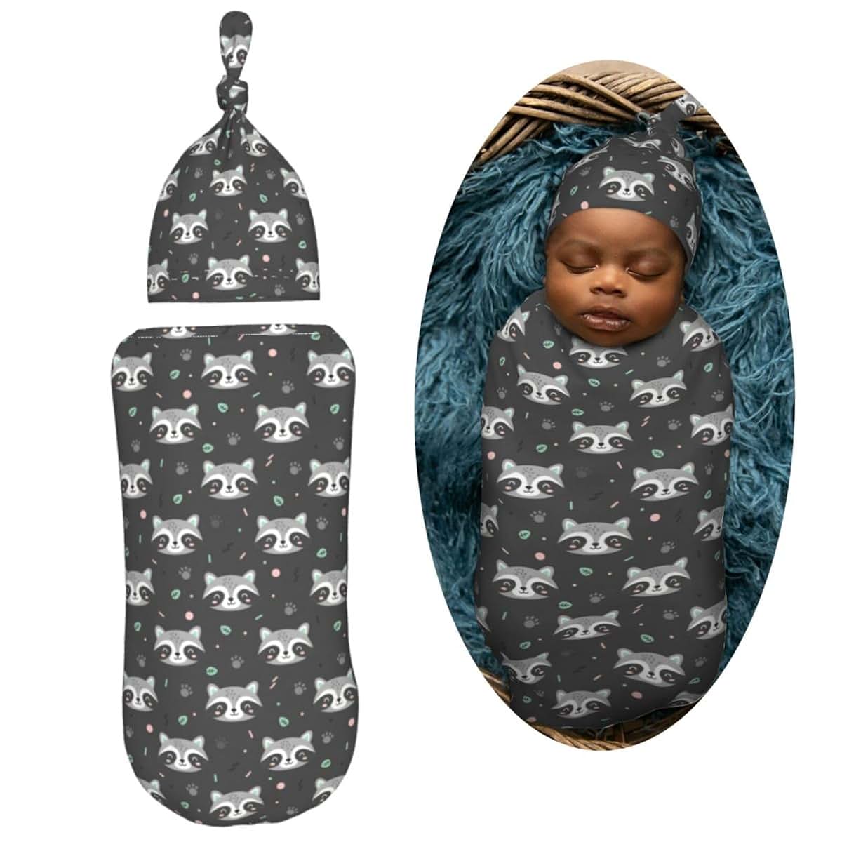 Muishi Cartoon Raccoon Newborn Swaddle Blanket And Hat Set Soft Polyester