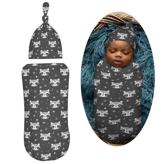 Muishi Cartoon Raccoon Newborn Swaddle Blanket And Hat Set Soft Polyester