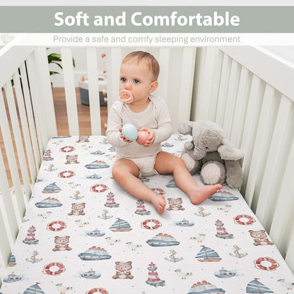 BabyOneStop Sailor Bear Watercolor Crib Sheet 52x28, Coastal Nautical Lighthouse Anchors Boats Fitted Polyester
