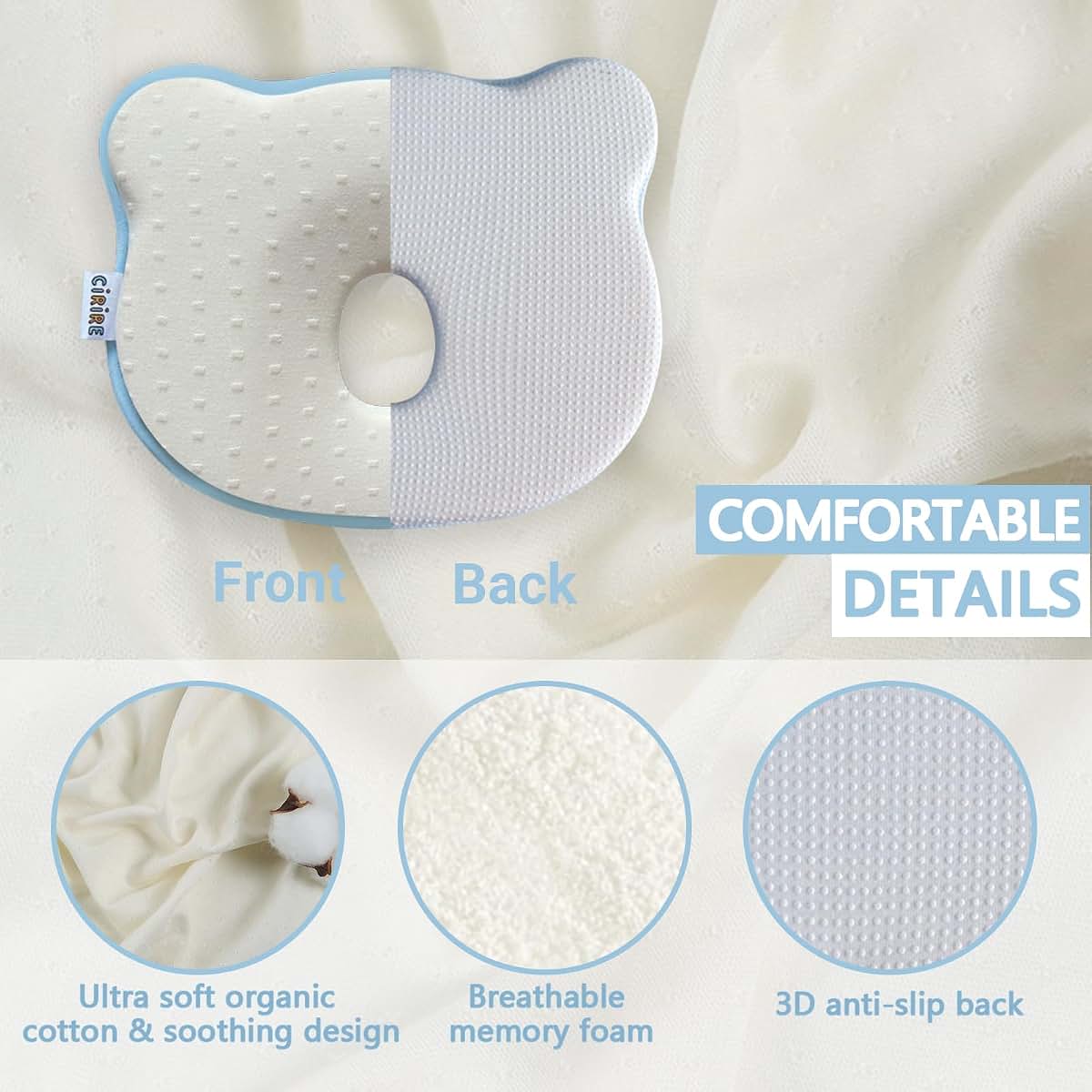 CIRIRE Memory Foam Baby Cushion Soft Cozy Machine-Washable, Head and Neck Support Breathable Anti-Slip Design for (photo 3)