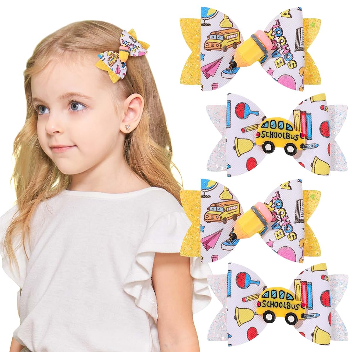 Choicbaby 4-Pack Back to School Hair Bows with Glitter Pencil Design