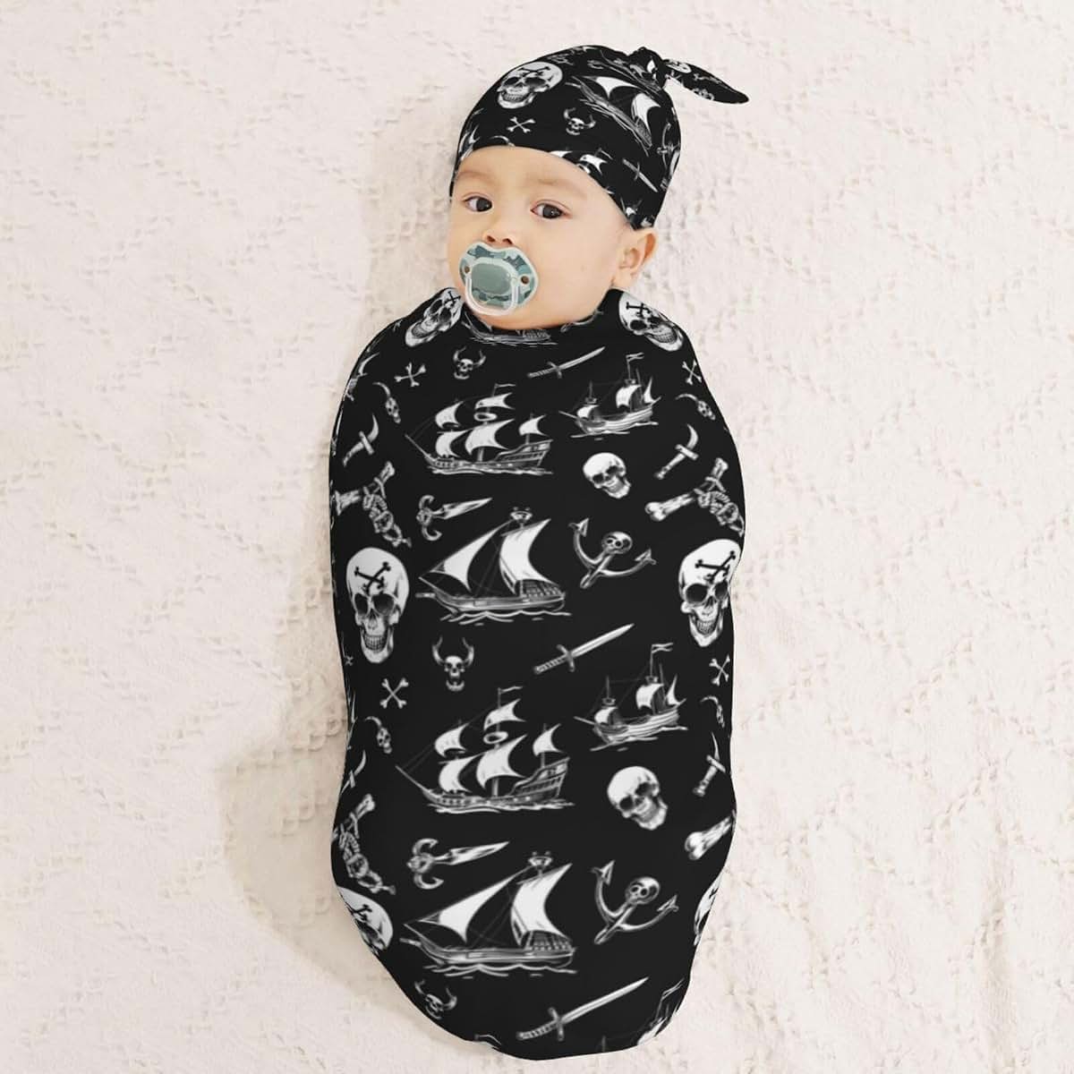 Muishi Vintage White Skull And Ship Newborn Swaddle Blanket Hat Set