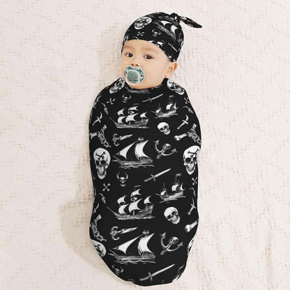 Muishi Vintage White Skull And Ship Newborn Swaddle Blanket Hat Set