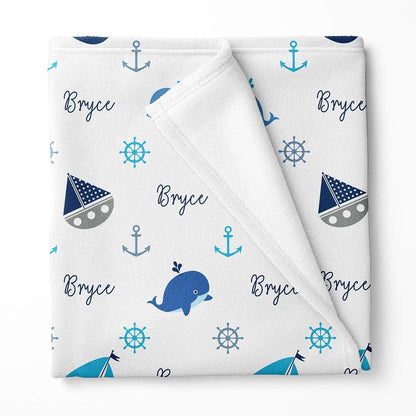 Lovable Gift Co Personalized Nautical Fleece Baby Boy Blanket, Blue Print