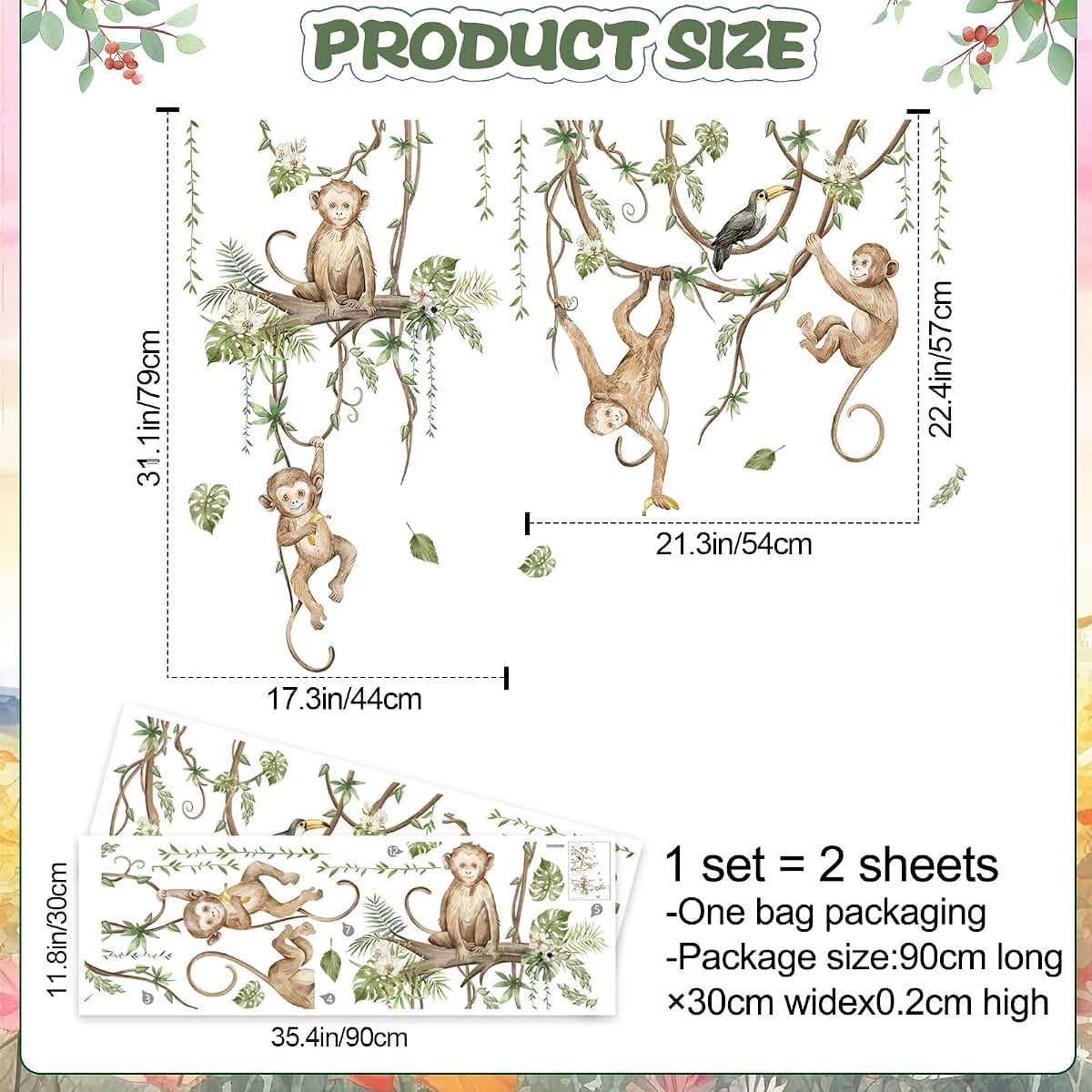 BabyOneStop 3D Cartoon Monkeys Climbing Tree Vines Wall Stickers, Removable Peel & Stick Decals for Nursery