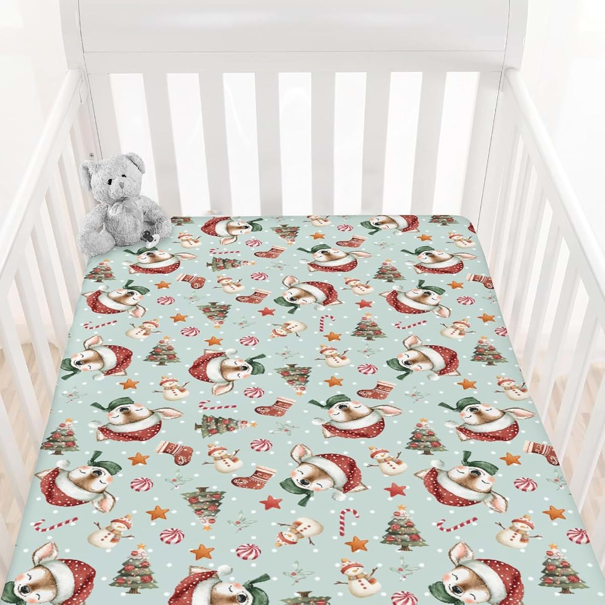 Cstdyfrv Christmas Reindeer Santa Hat Snowman Baby Crib Sheets Cute Christmas Deer Trees Candy Standard Crib Toddler (photo 2)