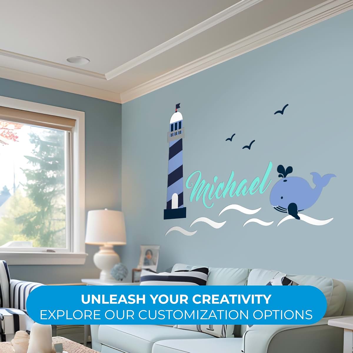 Cryptonite Personalized Lighthouse And Whale Wall Decal For Kids Bedroom