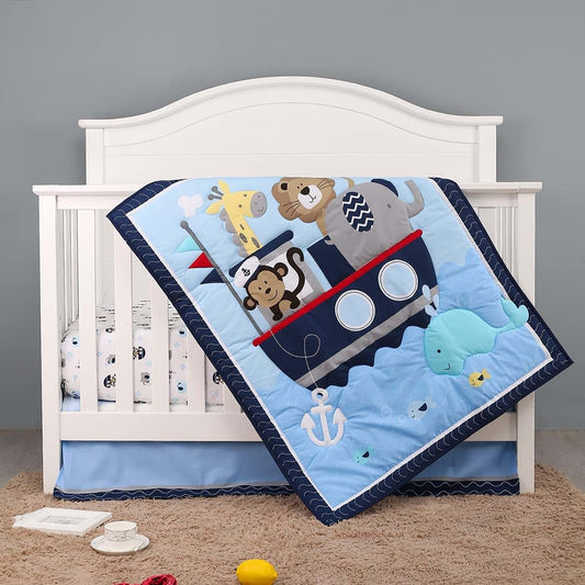 CribMATE 3 PCs Navy Blue Animal Themed Nursery Crib Bedding Set Elephant Lion Giraffe Monkey Noah's Ark Baby Boy Cot