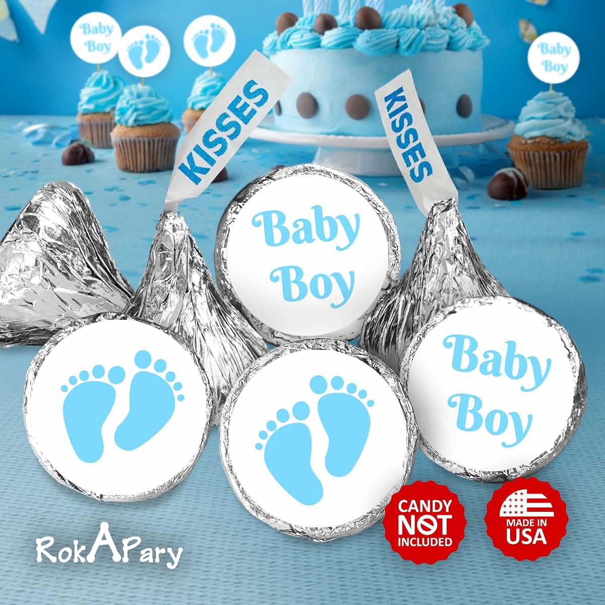 BabyOneStop Baby Boy Blue Footprints Kisses Labels 324 Count Self-Adhesive Stickers