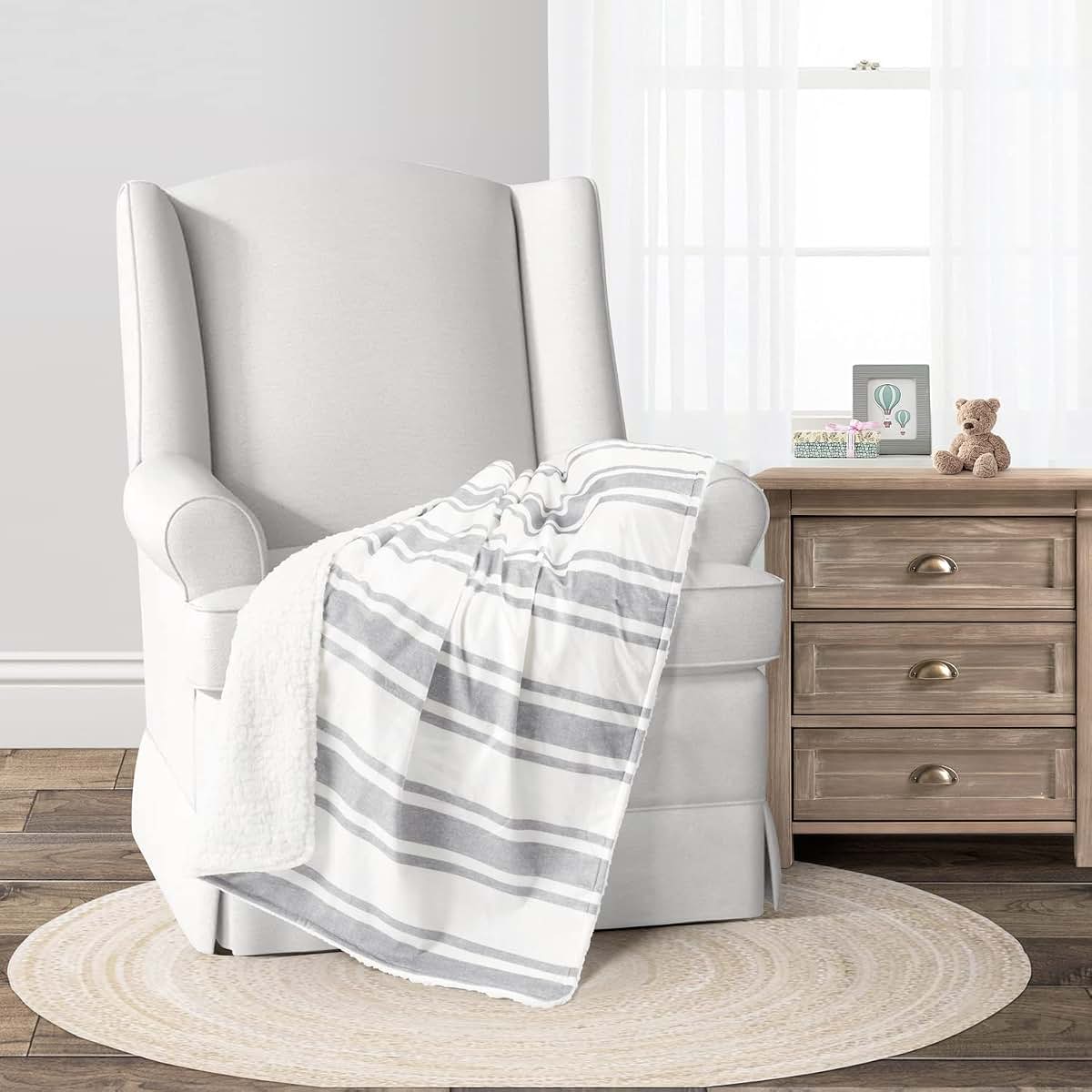 Lush Decor Baby Farmhouse Stripe Soft Sherpa Baby Blanket, 30" W x 40" L, Gray - Plush Striped Reversible Fleece