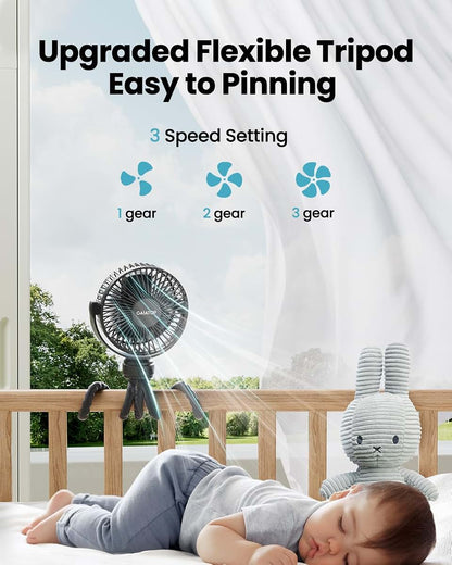 Mini Portable Stroller Fan with 360° Rotation and Rechargeable Battery
