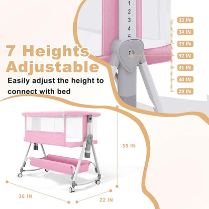MEICHYUN 3-in-1 Baby Bassinet with Hanging Toys, Mesh Sides, Pink