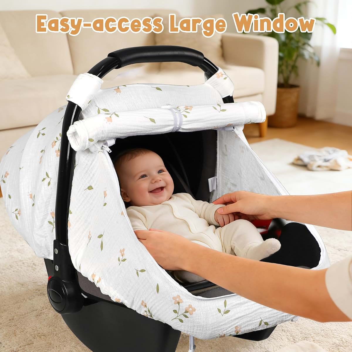 SWESEN Muslin Car Seat Cover Baby, Summer Baby Carseat Covers for Girls, Easy Access carseat Canopy Snug Fit Baby (photo 3)