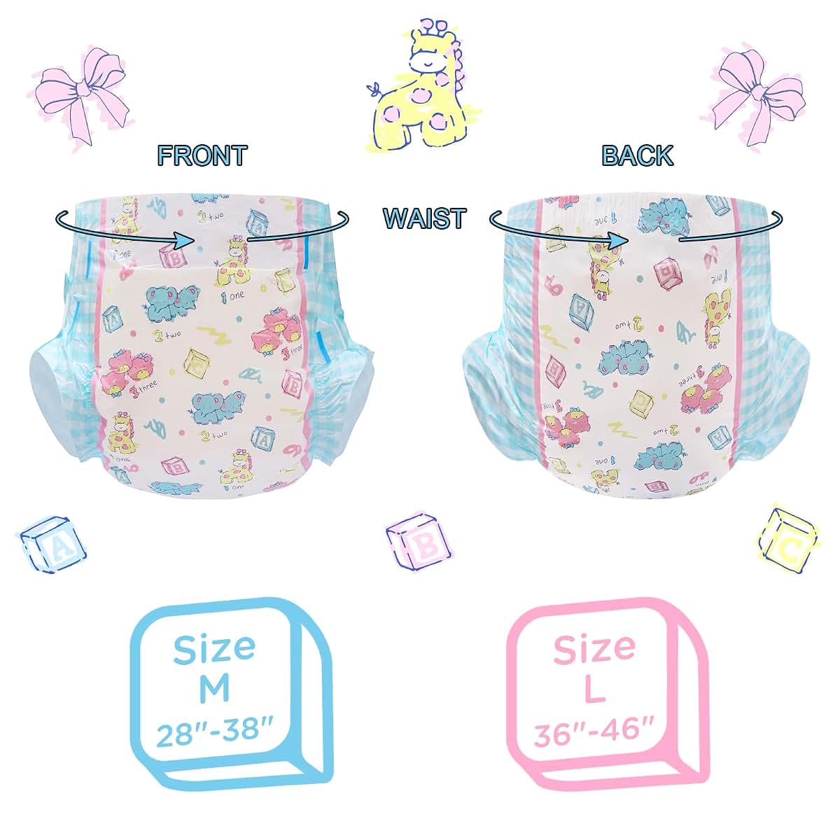 Littleforbig Adult Printed Diaper, 80 Pieces (8 Packs), Vintage Baby Print, Large 36 to 46 Inch