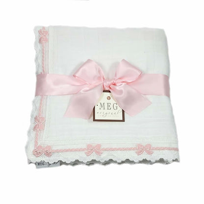 MEG ORIGINAL Baby Girl Blanket & Bonnet Gift Set- Heirloom Collection - White with Pink Bows, Handmade in The USA (photo 3)