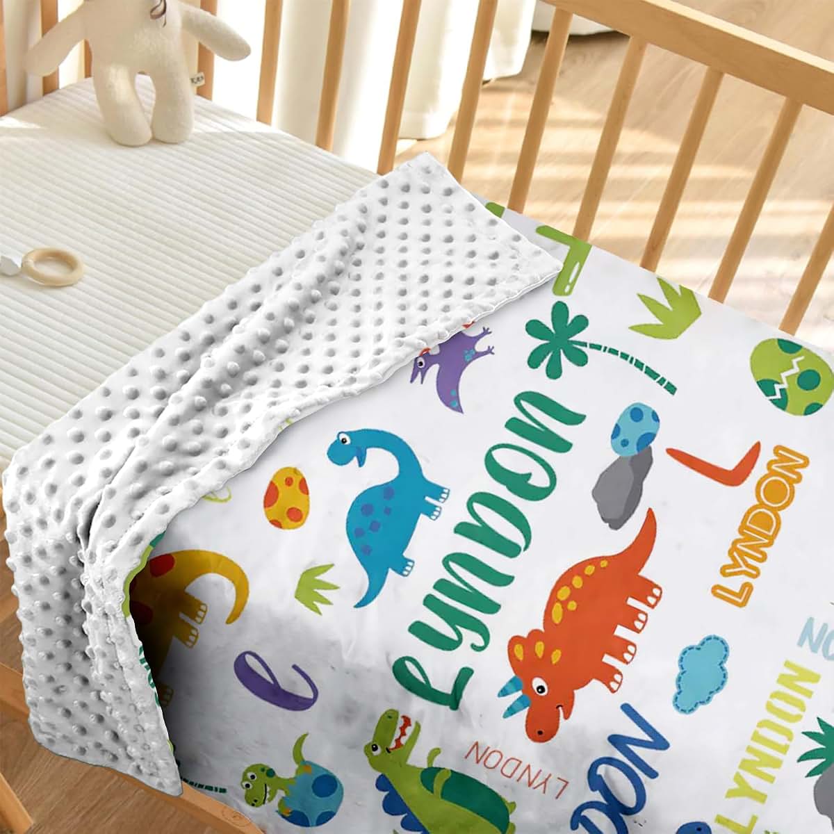 Snirov Personalized Dinosaur Baby Blanket with Dotted Backing
