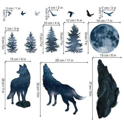 wondever Wolf and Moon Wall Decals Wolves Mountain Pine Trees Wall Stickers (photo 4)
